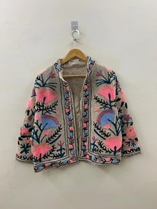Veste Courte Bohème en Lin et Coton Brodé Floral, Col Mandarin, Manches Chauve-Souris, Décontractée pour Femme – Collection Printemps - Product Image 1