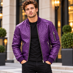 Veste en cuir d'autruche violette pour homme, veste bomber en cuir de qualité supérieure, veste de motard en cuir - Product Image 1