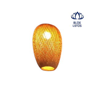 Lampe suspendue LED en rotin bleu lotus avec abat-jour cloche, finition dorée, commande tactile, garantie de 3 ans - Grande lampe de plafond ronde à montage mural - Product Image 1