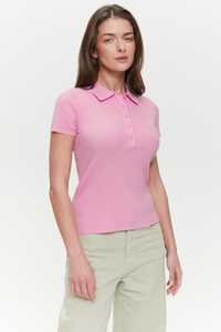 T-shirt à col polo côtelé vert pour femme, manches courtes, coupe ajustée, en coton tricoté, style preppy, pour le printemps et l'été - Product Image 2