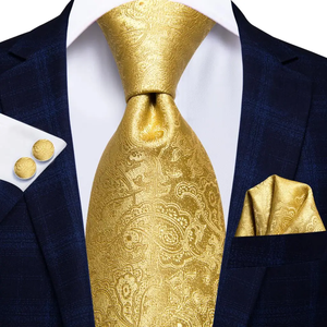 Corbata de Lujo Hi-Tie para Hombre, Diseño Paisley a Cuadros en Oro Amarillo, Tejido de Satén Ecológico, Logotipo Personalizable, para Bodas y Negocios - Product Image 1