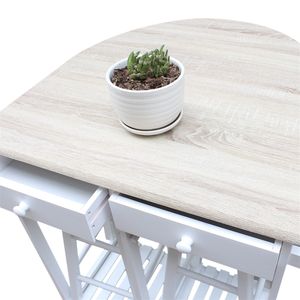 Carrello da Cucina Moderno in Rovere Bianco con Sgabelli Rotondi Regolabili, Carrello da Pranzo Pieghevole Semicircolare con Manico in Legno - Product Image 4