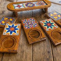 Sous-verres en bois oriental 100 % faits à la main avec motif de carreaux émaillés colorés, rectangulaires, antidérapants, pour tasses à thé, décoration de table