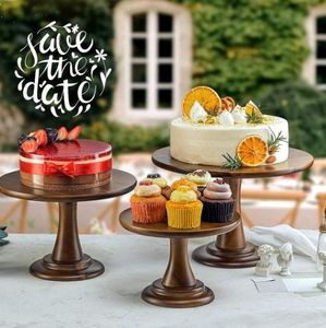 Support à gâteau rond en bois écologique décoratif, 2 pièces, finition artistique faite à la main, présentoir à dessert, piédestal, centre de table de mariage - Product Image 3