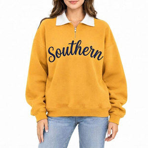 <b>Women</b> Yellow <b>Quarter</b> <b>Zip</b> Fleece <b>Sweatshirt</b> Turn Down Collar Regular Sleeve Casual Autumn Wear Front Logo Warm Comfortable - Product Image 1