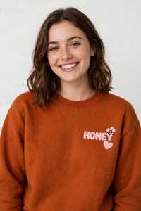 Women's for Orange Crew Neck Oversized Anti-Pilling Fleece Sweatshirt Embroidered <b>Honey</b> Bee Heart Cotton Blend Pullover - Product Image 3