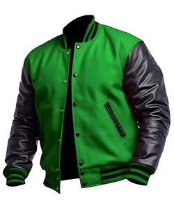 Veste universitaire personnalisée verte et blanche pour homme, col rabattu, fermeture boutonnée, coupe classique, style décontracté d'automne, couleur unie, matière PU - Product Image 4