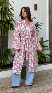Bata Kimono de Algodón Floral con Cuello en V, Estampada a Mano, Transpirable, de Manga Larga para Mujer, Estilo Indio, para Verano, Ropa de Playa - Product Image 6
