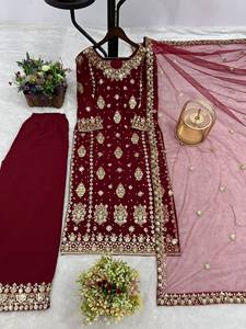 Burgundy Embroidered Indian Pakistani Set Long <b>Top</b> Palazzo Dupatta <b>Net</b> Party Outfit Women Heavy Faux Georgette Quick Dry All - Product Image 3