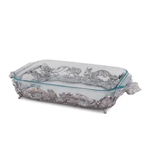 Bandeja Decorativa Rectangular de Vidrio con Asa de Metal con Diseño de Animales, Diseño Tradicional con Tema de Pascua y Patrón de Plantas - Product Image 3