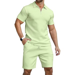 Men Solid Cotton Short Sleeve T-Shirt Bermuda Shorts Set Drawstring Casual Wear Breathable Knitted Mid Waist Front Logo Elastic - Product Image 6