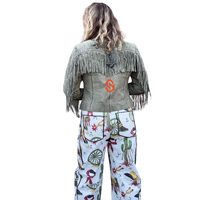 Veste en daim vert pour femme, véritable daim de vache, style western bohème, avec franges et pompons, couleur olive, style cowgirl vintage, manteau de mode pour femme