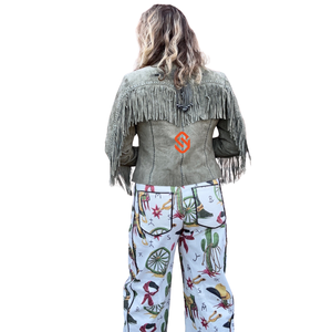 <b>Womens</b> Green <b>Suede</b> Fringe <b>Jacket</b> Genuine Cow <b>Suede</b> Western Boho Tassel Olive Cowgirl Vintage Ladies Fashion Outerwear Coat - Product Image 2