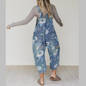 Salopette en jean à imprimé floral pour femme, coupe ample, taille haute, jambe large, avec poches, style bohème, longueur mi-mollet - Product Image 5
