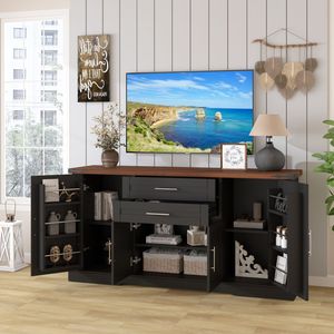 Mobiletto da Cucina Stile Fattoria con Ante Scorrevoli da 160 cm, 2 Cassetti, Grande Credenza, Tavolo Bar Caffè, Ripiani Regolabili - Product Image 4