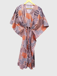 Women <b>Vintage</b> Batik Print Chiffon <b>Kimono</b> Robe V Neck Half Sleeve Long Cover Up with Drawstring - Product Image 1