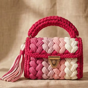 Bolso de Mano Trenzado Hecho a Mano en Tonos Rosa y Blanco con Dos Correas de Perlas, Bolso de Hombro Estilo Boho, Tejido con Cordón de Algodón para Mujer - Product Image 1