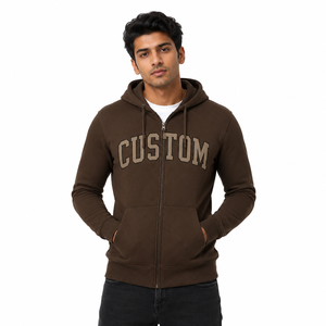 Sweat à capuche pour homme à coupe classique, marron, entièrement zippé, en molleton de coton, avec lettres brodées style universitaire, poche kangourou, streetwear d'hiver, marque privée - Product Image 1