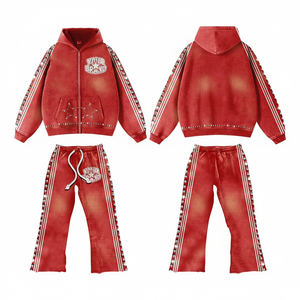 <b>Red</b> Hooded Tracksuit Set Rhinestone Stripes <b>Glitter</b> Print Logo Unisex Casual Full Length Drawstring Closure Windproof - Product Image 1