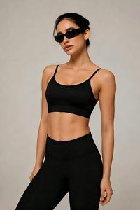 Women's Black Ribbed Seamless Sports Bra Scoop Neck Spaghetti Strap Medium Support Yoga <b>Top</b> Solid Color - Product Image 6
