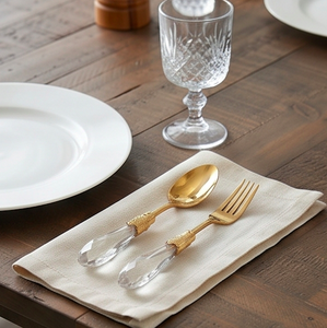 Elegant Gold Flatware Set With <b>Crystal</b> Handles High <b>Mirror</b> Polish Dishwasher Safe Wedding Dinnerware Cutlery - Product Image 2