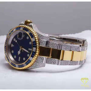 Reloj de Hombre Moderno Estilo Hip Hop con Diamantes Cultivados en Laboratorio VVS, Bisel Baguette de Dos Tonos, Chapado en Oro y Plata, Esfera Azul - Product Image 5