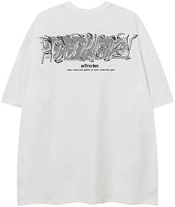 เสื้อยืดโอเวอร์ไซส์สีขาวสำหรับผู้ชาย พิมพ์ลายตัวอักษรฟอยล์สีเงิน คอกลม แขนสั้น สไตล์สตรีทแวร์ ผ้าเจอร์ซีย์คอตตอน ทรงพอดีตัว - Product Image 2