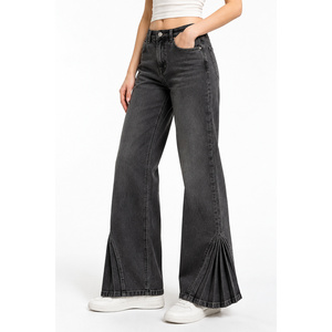 Jeans de mezclilla de pierna ancha Y2K para mujer, talla grande, con dobladillo plisado, lavado medio, cintura baja, tallas XS-6XL - Product Image 3