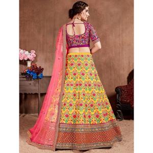 Flamboyant Yellow-Pink Colored Bridal wear Bordado Lehenga Choli - Product Image 2