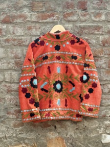 Orange Velvet Sujani Hand Embroidery Woven Cotton Heart Print Jacket Women Traditional Indian Autumn Winter for Wholesale - Product Image 5