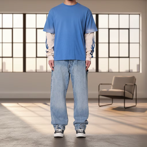 Jeans pour hommes de haute qualité, coupe ample, bleu délavé vintage, style streetwear hip-hop, OEM ODM, en coton respirant - Product Image 1