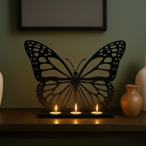 Moderno Portavelas de Metal con Corte Láser en Forma de Mariposa, 3 Ranuras, Negro, Decorativo, para Hogar, Oficina, Sala de Estar - Product Image 1