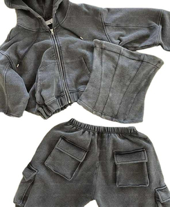 Unisex 3Piece Cotton French Terry Sports Cargo Sweatpants Hoodie Pant Set Embroidery Acid Wash <b>Sweatshirt</b> - Product Image 1