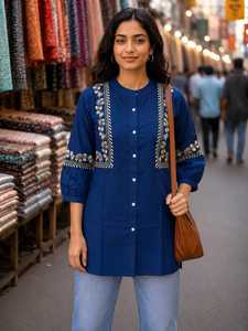 <b>Women</b> Wear Black Cotton Embroidered Short <b>Kurti</b> Loose Fit Midi Ethnic Tunic Top Casual Wear India Pakistan Style <b>Kurti</b> <b>for</b> <b>Women</b> - Product Image 6