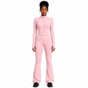 Ladies Pink Workout Set Fitted Stand Collar Training <b>Jacket</b> Wide Leg <b>Yoga</b> Trousers Stretch Sportswear Custom Gym Fitness Sets - Product Image 1