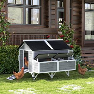 Pollaio in Legno da 150 cm con Ruote e Maniglie, 2 Nidi, 2 Vassoi, 4 Posatoi per 4-6 Galline, Grigio - Product Image 2