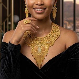 Wholesale 14K 18K 24K Micron Gold Heavy <b>Bridal</b> Long Necklaces Set Traditional Dubai Style Brass Gold Filled Jewelry Oro Joyeria - Product Image 2