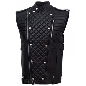 Men's Black PU Leather Moto Vest Stand Collar <b>Quilted</b> Design Zipper Closure Autumn Outerwear Regular Fit - Product Image 2