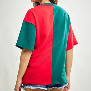 เสื้อยืดคอกลมแขนสั้นทรงหลวมสำหรับผู้หญิง ผ้าฝ้ายเจอร์ซีย์ 100% สีแดงเขียว สไตล์ลำลองสำหรับฤดูร้อน - Product Image 2