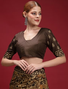 Sari de Seda Estampado Marrón para Mujer KV con Blusa Sin Coser - Product Image 6