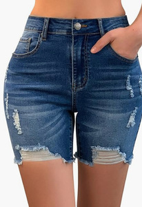 Shorts en jean délavé taille haute pour femme, coupe droite, décontractés, en coton, avec poches, coupe régulière, vente en gros - Product Image 6