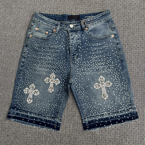 Pantalones Cortos de Mezclilla Baggy con Diseño de Cruz de Cristal, Logotipo Frontal, Bajo Deshilachado, Lavado, Estilo Y2K, con Pedrería, para Hombre, Venta al por Mayor, OEM ODM Personalizado - Product Image 5