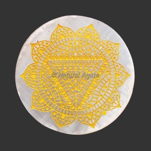 Beautiful Engraved Polished Round Selenite <b>Coasters</b> & Plates by Natural <b>Agate</b> - Product Image 5