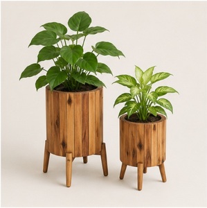 Vente en gros de jardinières modernes en bois d'acacia à lattes avec pieds, pot de fleurs d'intérieur en bois massif écologique pour la décoration de la maison et des hôtels - Product Image 5