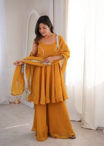 Conjunto de Seda Crujiente TENNECY para Mujer, con Bordado Pesado Zarkhand, Top, Pantalón y Dupatta, Completamente Cosido, Largo hasta el Tobillo, para Bodas y Diwali - Product Image 2