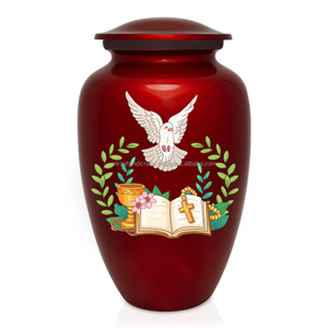 Love of Christ Classic American Style Brass Urn <b>Red</b> Glossy Funeral Memorial Cremation <b>Vase</b> for Human Ashes Handcrafted - Product Image 3