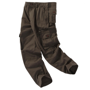 <b>Men's</b> Dark <b>Brown</b> <b>Cargo</b> Pants Midweight Casual <b>Trousers</b> With Zip Side Pockets Button Closure - Product Image 3