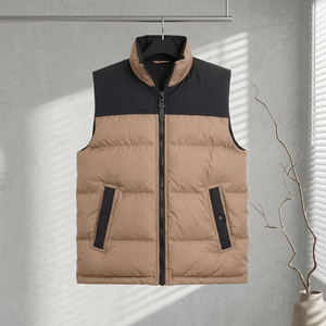 Men's <b>Brown</b> Puffer <b>Vest</b> With Black Trim Zipper Closure Windproof Casual Winter Jacket Regular Fit Stand Collar Polyester Filling - Product Image 3