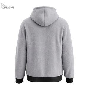 Custom Heavyweight <b>Sherpa</b> Fleece <b>Hoodie</b> Unisex Streetwear Light Grey Pullover Sweatshirt Black Chest Stripe Kangaroo Pocket - Product Image 3
