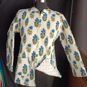 Unisex Winter Quilted Floral Buta Hand Block Printed <b>Mandarin</b> <b>Collar</b> Full Sleeve Breathable Ethnic <b>Jacket</b> Pure Indian Cotton - Product Image 1